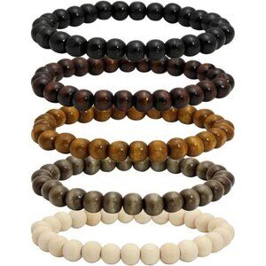 Wooden Beaded Bracelets 5 Pack Men Women Elastic Bangle Black Brown Gray White Y